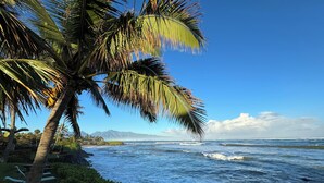 A beach with palm trees, ocean waves, and distant mountains. - North Shore Ocean-View Garden Cottage near Paia – Maui by the Sea (Paia)