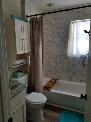 Combined shower/tub, hair dryer, towels, soap