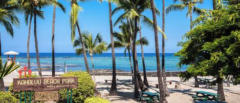 A beach park with palm trees, picnic tables, and a sign reading "Kahului Beach Park."