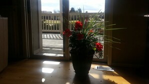 A potted plant with red flowers on a wooden table near a sliding glass door. - Spacious Home in Quiet Area - Minutes to Attractions, Music, Restaurants & USAFA (Colorado Springs)