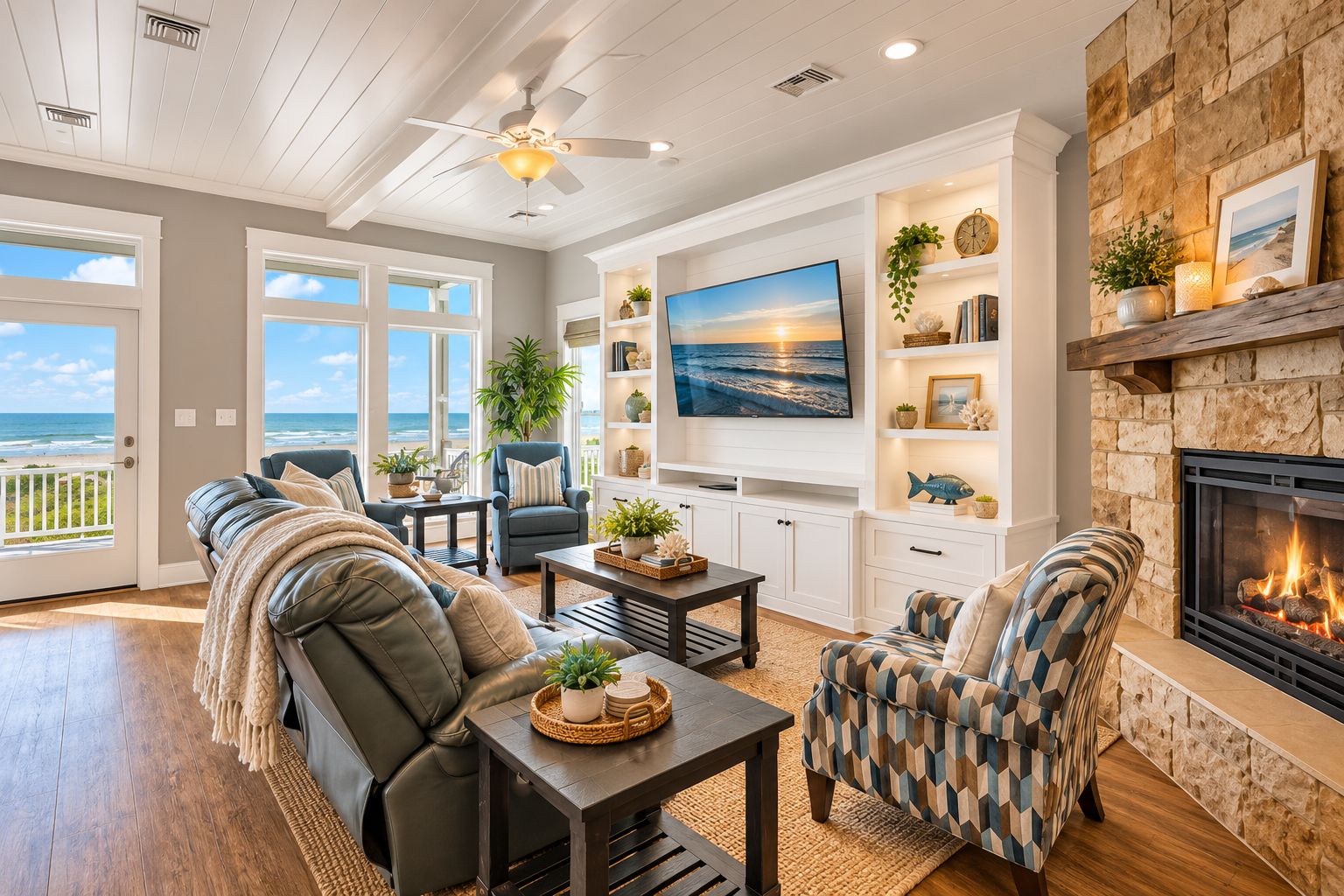 A living room with a fireplace, a large TV, and a view of the ocean through the windows.
