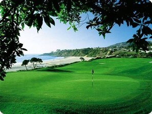 Campo de golf con un mástil de bandera, árboles y una playa al fondo.