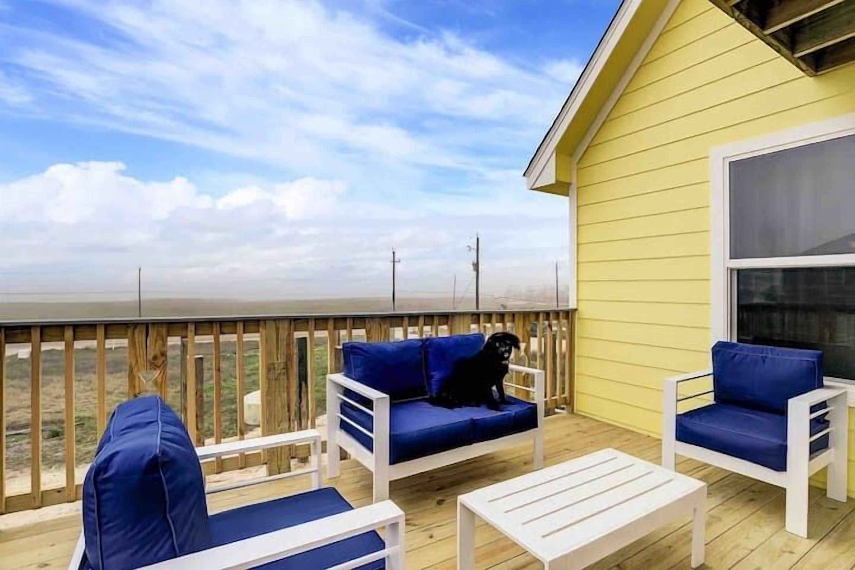 A deck with blue and white furniture, a black dog, and a yellow building in the background.