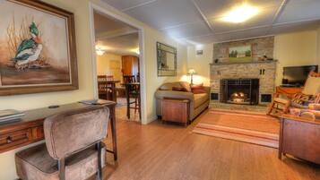 TV, fireplace, DVD player, books