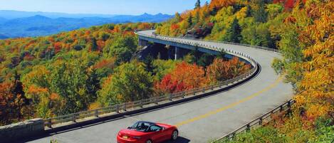 A winding road with a red car, surrounded by autumn foliage and a bridge.