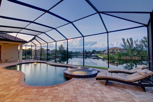 Pool, spa and length-wise view of Bella Vista canal
