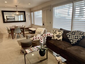 Smart TV, fireplace, books, stereo