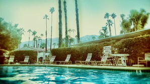 Une piscine avec des chaises longues et des palmiers en arrière-plan.