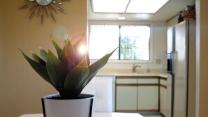 Une plante en pot est posée sur une table blanche dans une cuisine, près d’une fenêtre et d’une décoration murale en forme de soleil.