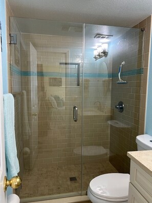 Hair dryer, towels, soap, shampoo
