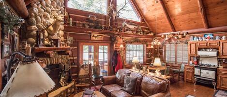 Älytelevisio, takka, DVD-soitin, kirjoja