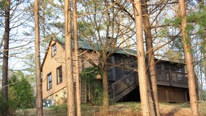A rustic cabin with a wooden exterior, a staircase leading to a deck, surrounded by tall trees and a dirt path.