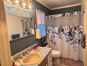 Combined shower/bathtub, hair dryer, towels, soap