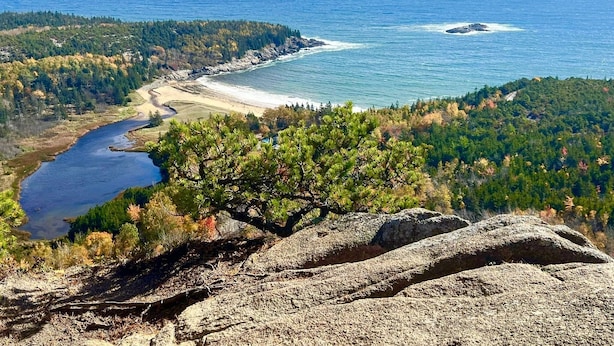 A coastal landscape with a beach, forested hills, and a river. - Acadia National Park-Oceanfront Cottage-Views of Cadillac Mountain & Acadia-Pets (Lamoine)