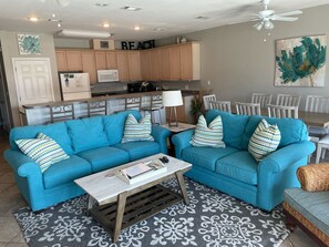 Great room. Kitchen + Dining
