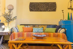 Télévision, cheminée, lecteur de DVD, livres