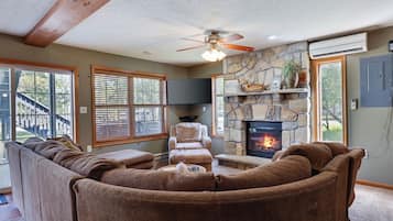 TV, fireplace, DVD player, foosball