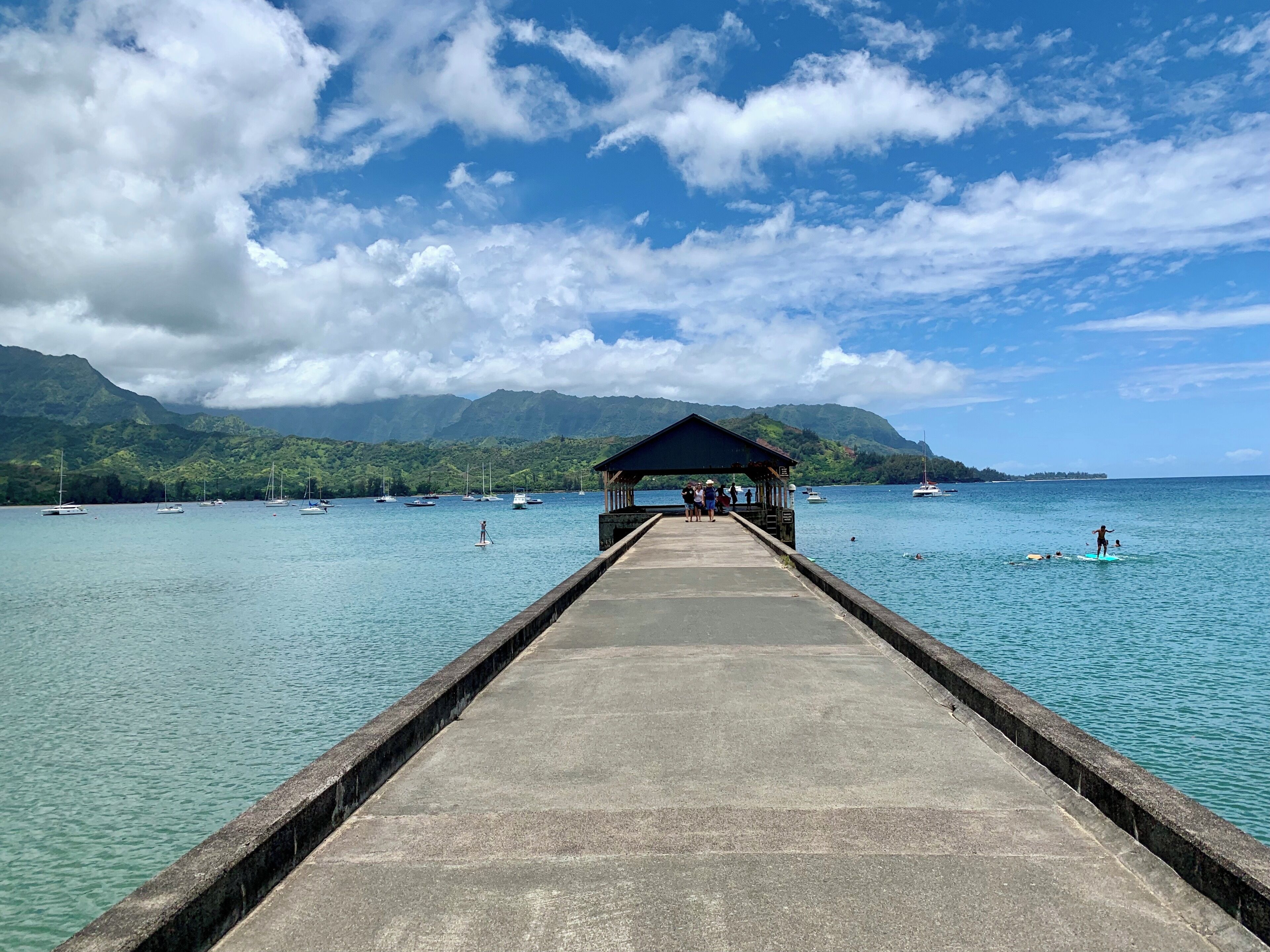 Un muelle que conduce a un área techada con vista a barcos y montañas al fondo.
