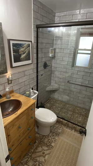 Hair dryer, towels, soap, shampoo