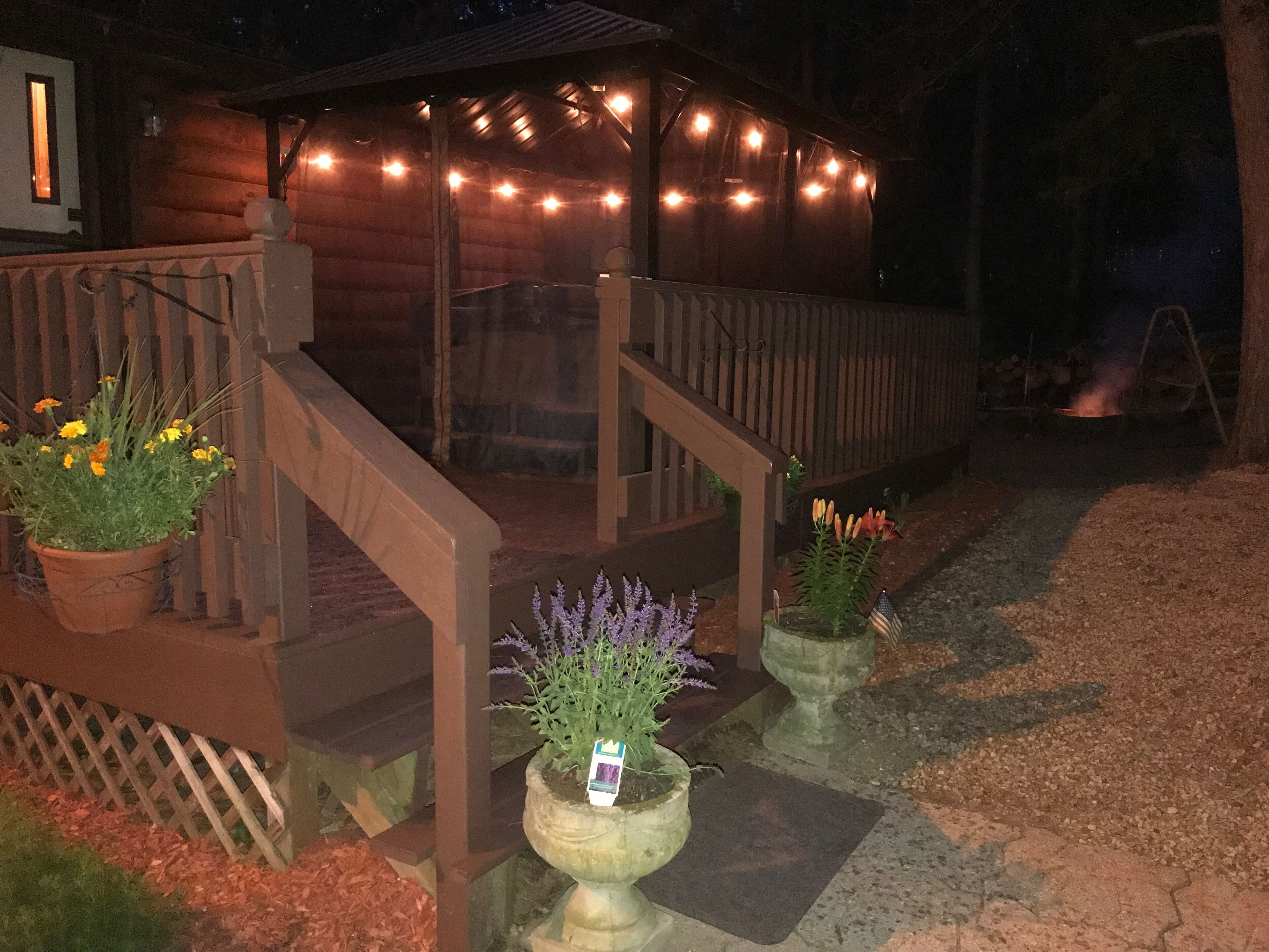 A wooden cabin with a porch, potted plants, and string lights.