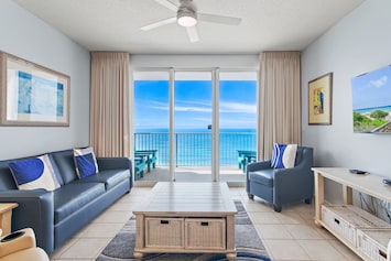 A Modernly Decorated Living Room with a Breathtaking Ocean View.