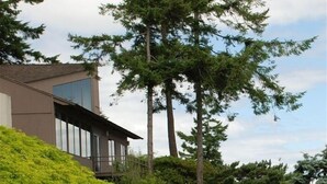 A modern house with a sloped roof, large windows, and a well-maintained garden with various shrubs and trees. - 'Harbor View Grand'—Grand View, Home, Hot Tub, Sauna, and Concert Grand Piano. (Oak Harbor)