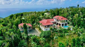 A large, multi-story house with a red roof, surrounded by dense tropical vegetation and overlooking a body of water.