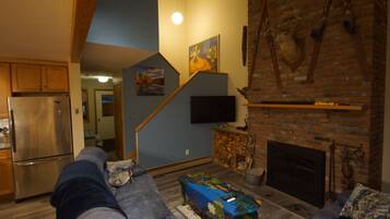 TV connectée, cheminée, lecteur de DVD, chaîne hi-fi