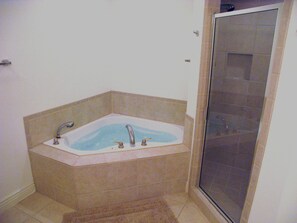 Shower, jetted tub, hair dryer, towels