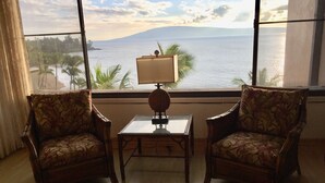Una habitación con dos sillas orientadas a un gran ventanal con vistas a un cuerpo de agua y palmeras.