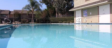 A clear swimming pool with a lifeguard tower, palm trees, and a building with a beige facade.