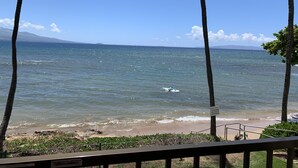 A beach view with palm trees, a clear sky, and a sign warning against hanging objects. -  Crew Rest Maui - 2BR/2BA, Oceanfront, Superior Views, A/C, sleeps 6 (Wailuku)