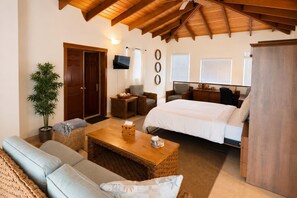A cozy room with a bed, a sofa, a coffee table, and a television.