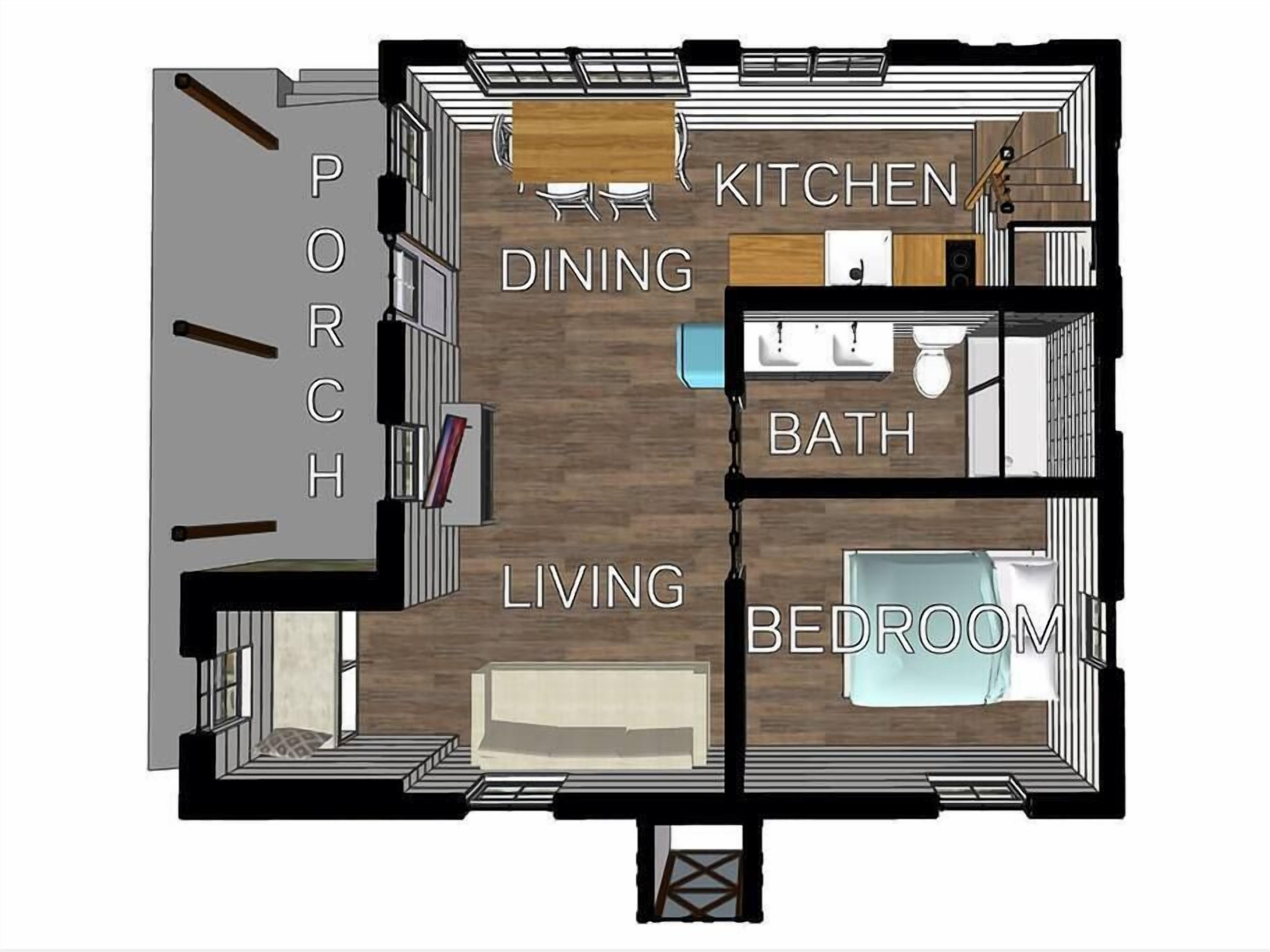 Un plan d’étage d’une maison avec les pièces identifiées : véranda, salle à manger, cuisine, salle de bain, salon et chambre à coucher.