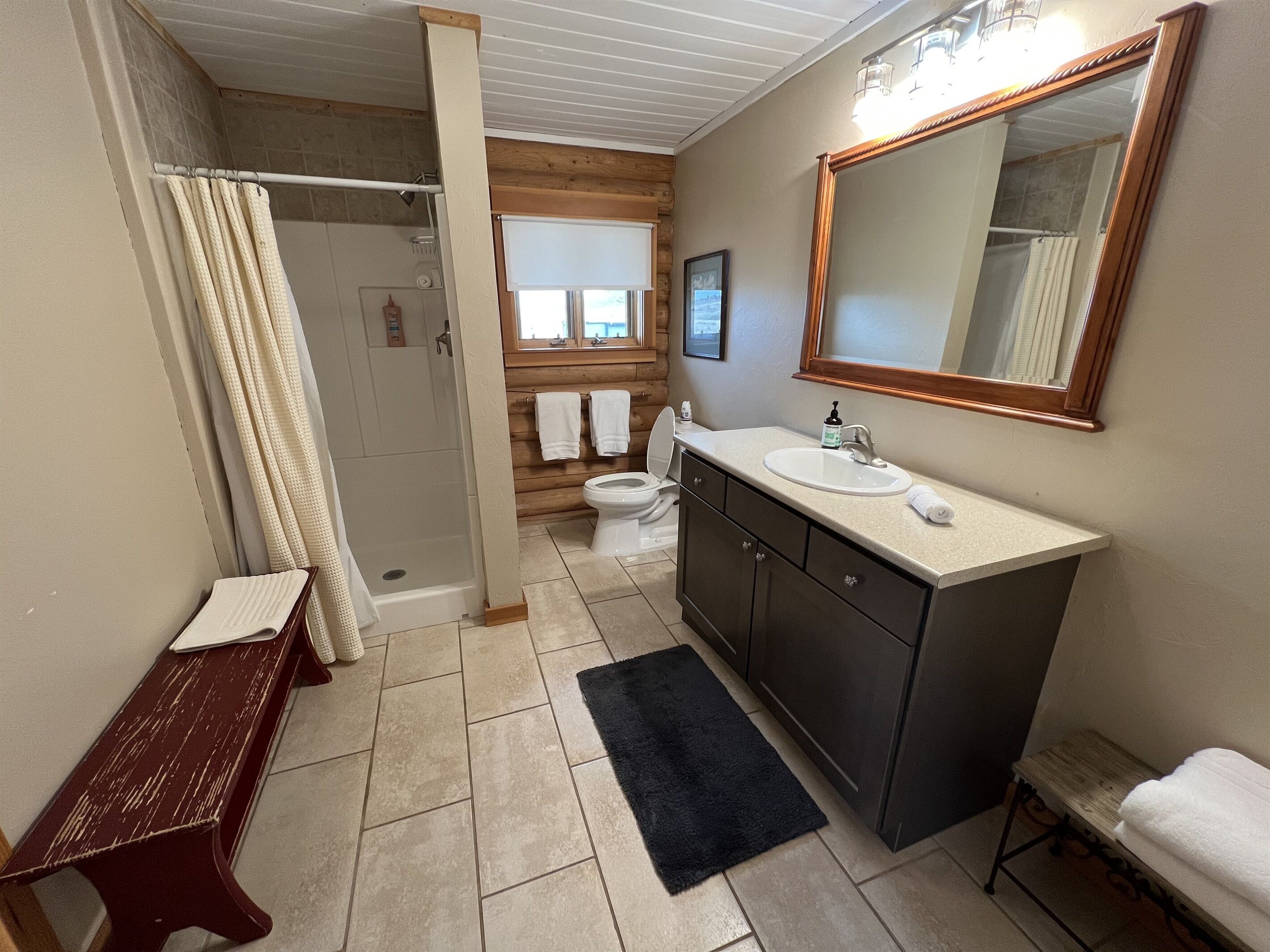 Baño con ducha, inodoro, lavamanos y un banco.