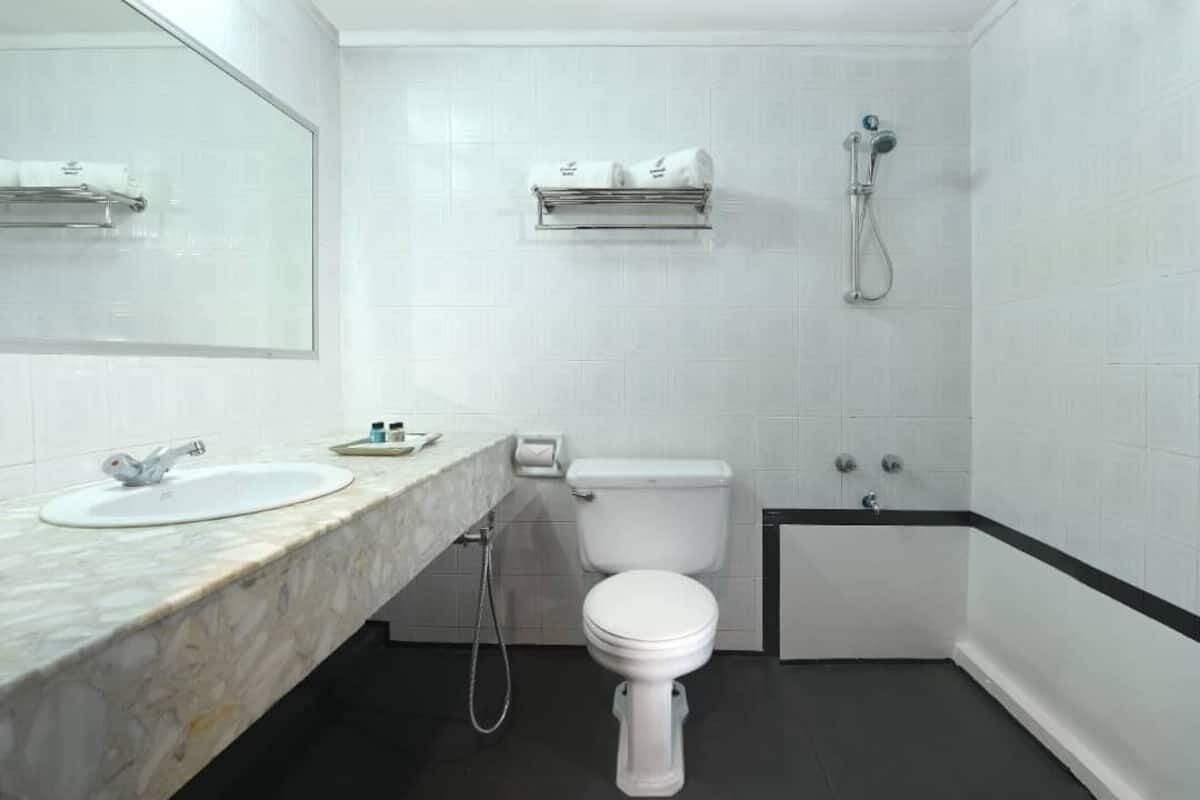 Un baño con inodoro blanco, lavamanos, espejo y ducha.