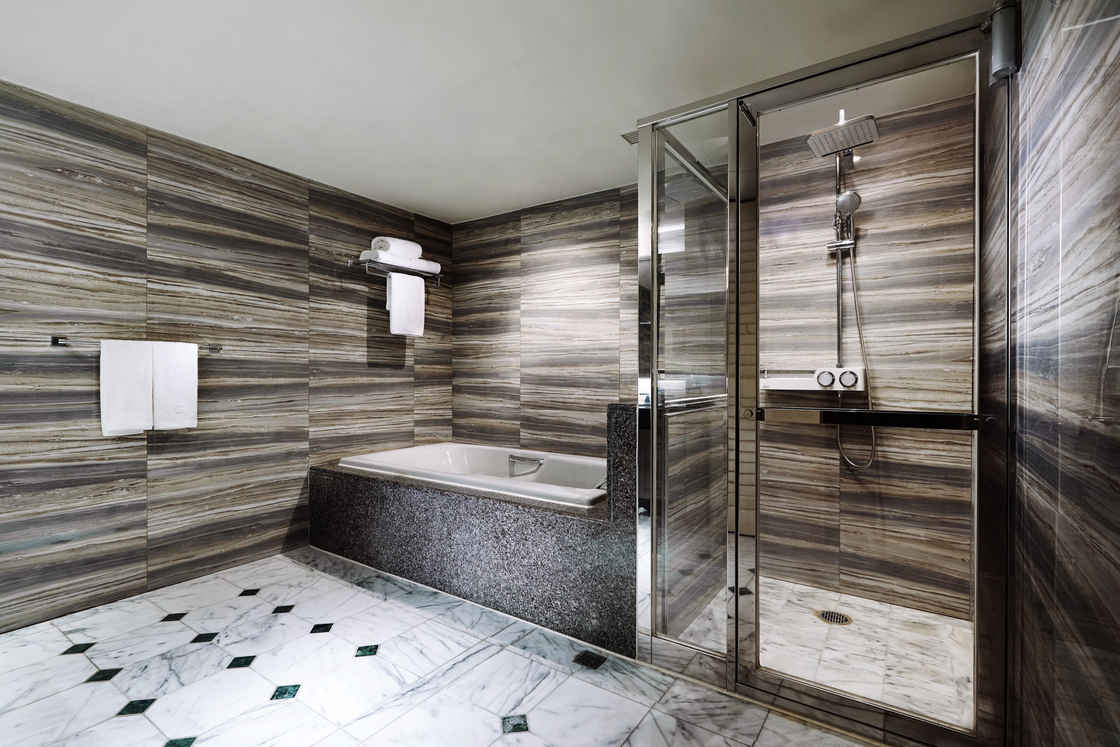 prestige suite room, ocean view | bathroom | rainfall showerhead, designer toiletries, hair dryer, bathrobes