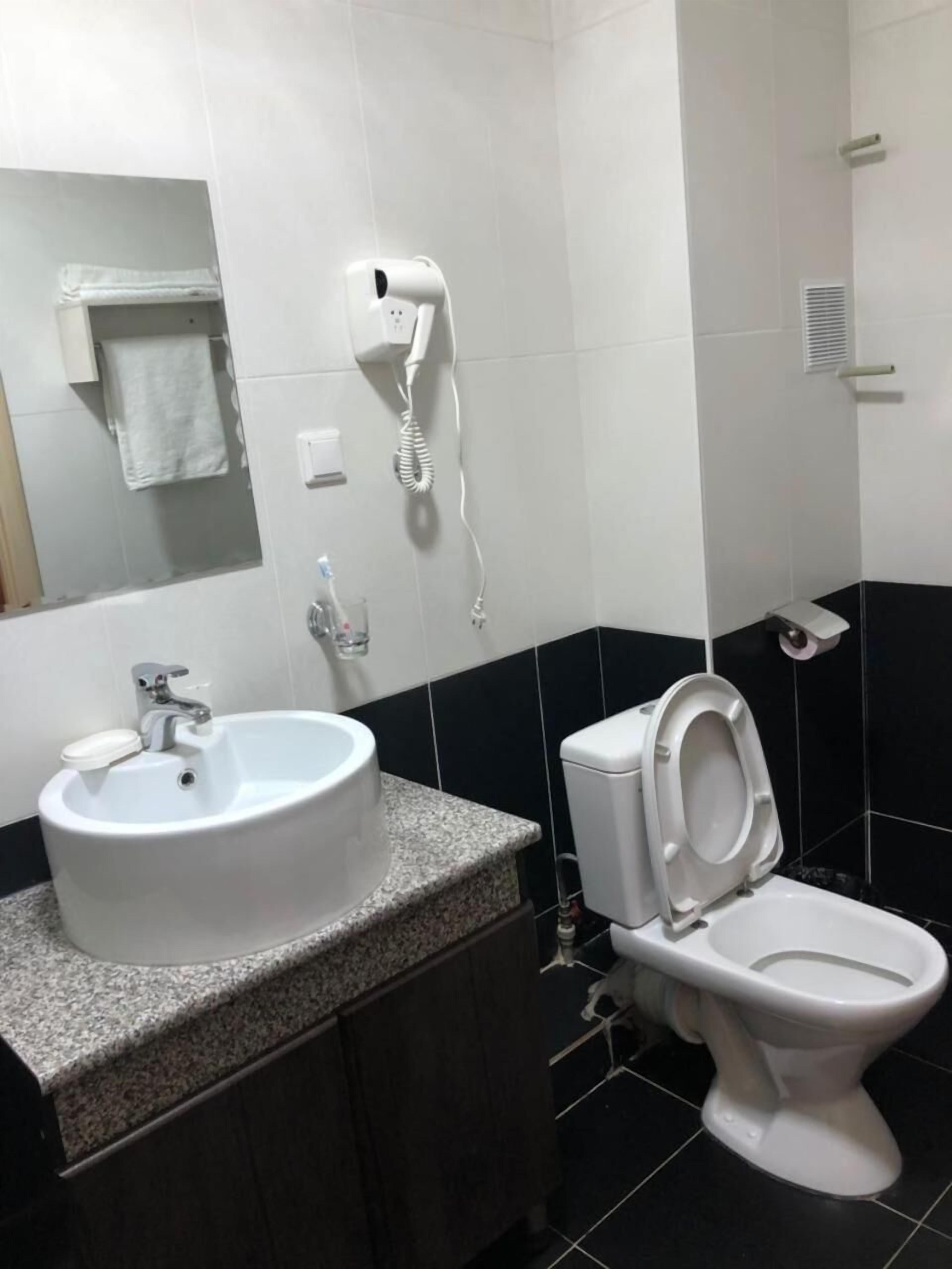 Et badeværelse med vask, toilet og en hårtørrer på væggen.