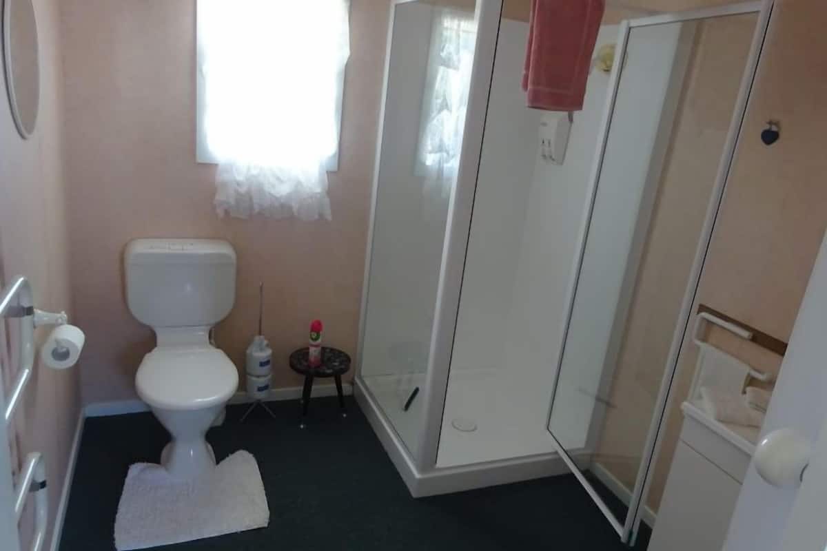 Shower, free toiletries, hair dryer, towels