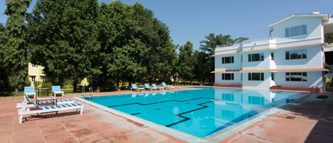 Outdoor pool, pool umbrellas, pool loungers