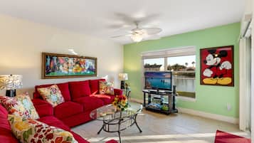 Smart TV, DVD player, books, video library