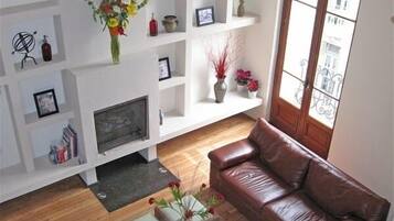 Una Smart TV, una chimenea, un reproductor de DVD, libros