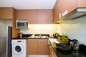 Fridge, microwave, electric kettle, toaster
