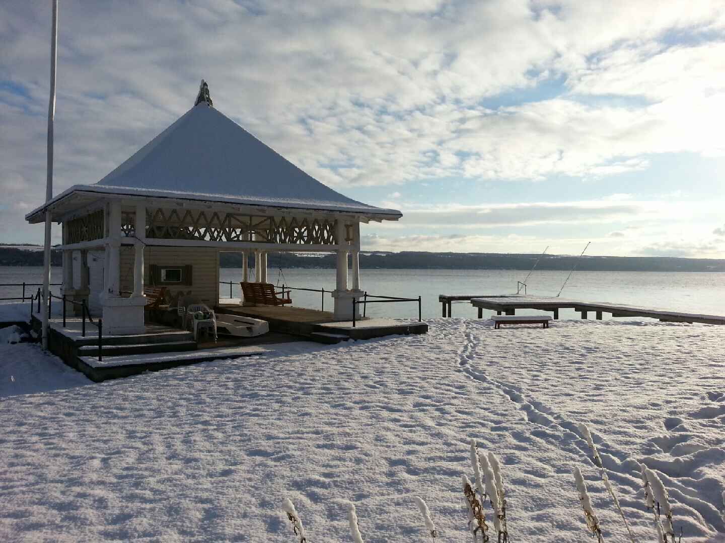 Gazebo and dock in winter wonderland!