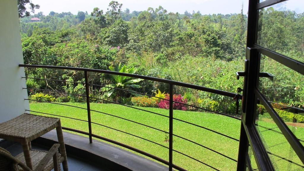 Un balcon doté d’une rambarde en métal, donnant sur un jardin luxuriant où poussent différentes plantes et fleurs.