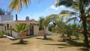 A modern house with a flat roof, satellite dish, and a small garden with palm trees and flowering plants.