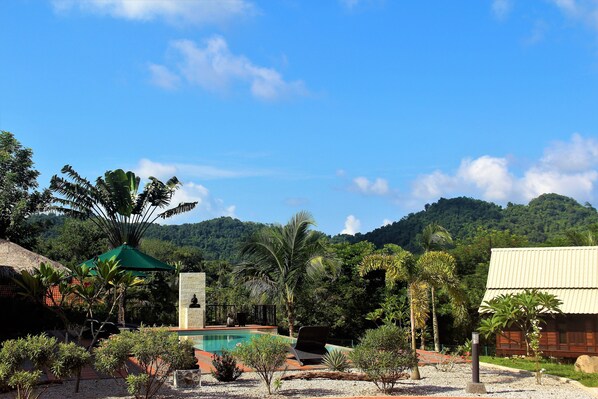 A pool area with a clear view of the mountains, surrounded by tropical vegetation and a wooden building.