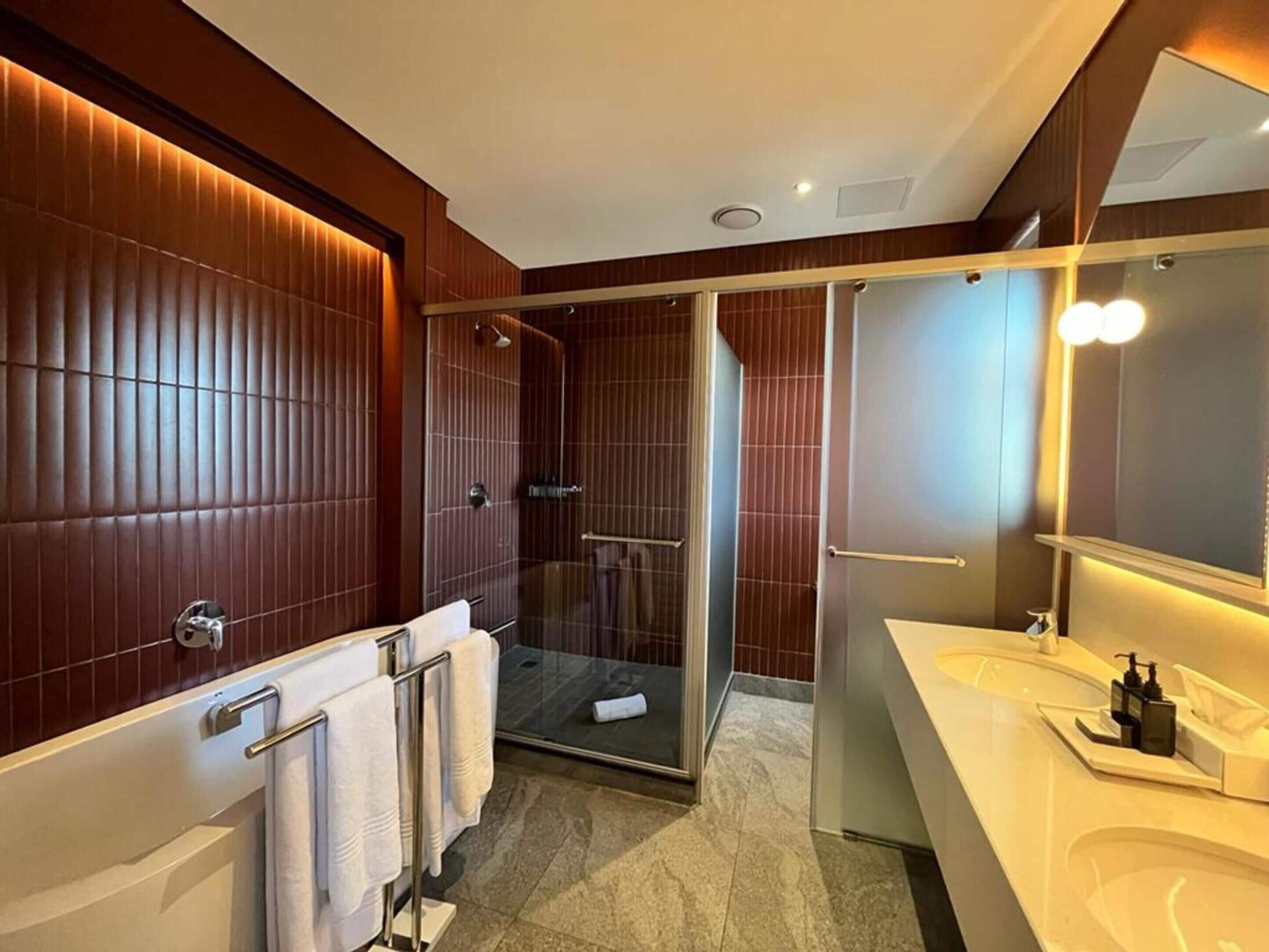 free toiletries, hair dryer, towels, toilet paper