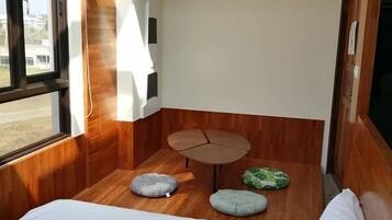 Senior Quadruple Room | Desk, blackout drapes, free WiFi, bed sheets