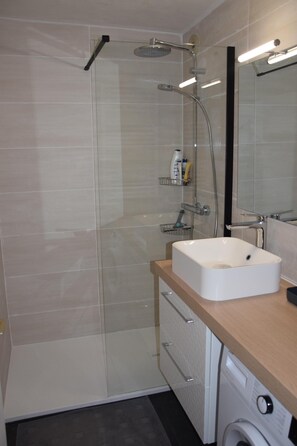 Shower, hair dryer, toilet paper